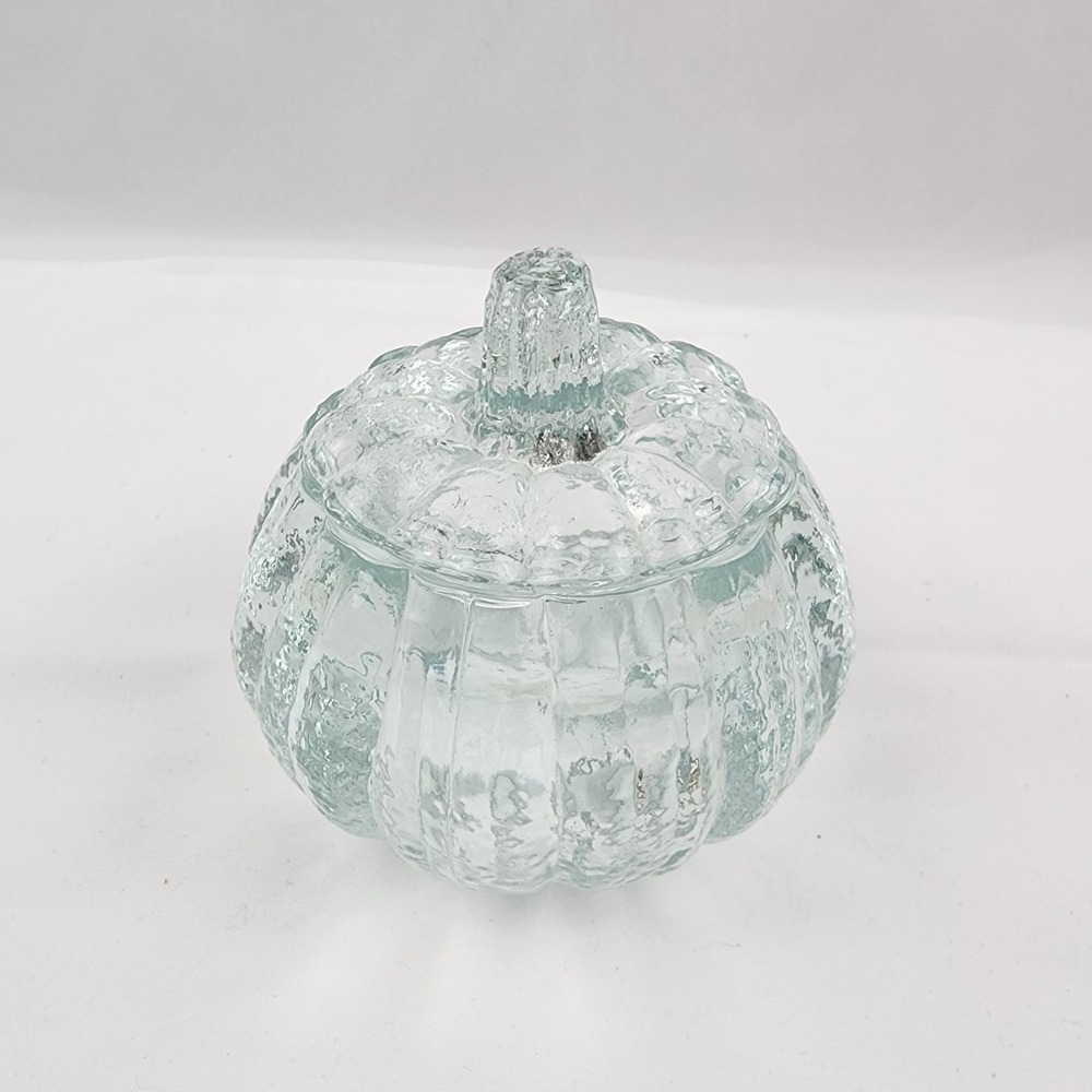 Vtg Homco Clear Glass Pumpkin Halloween Trinket Box Candle Holder w/ Lid 2.5x2.5